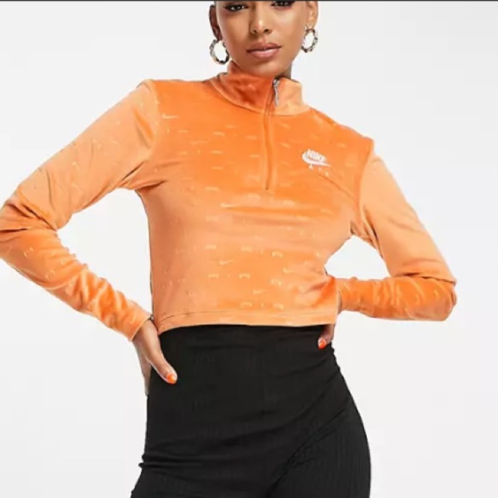 Nike Air all over logo quarter-zip velour long sleeve top (orange)